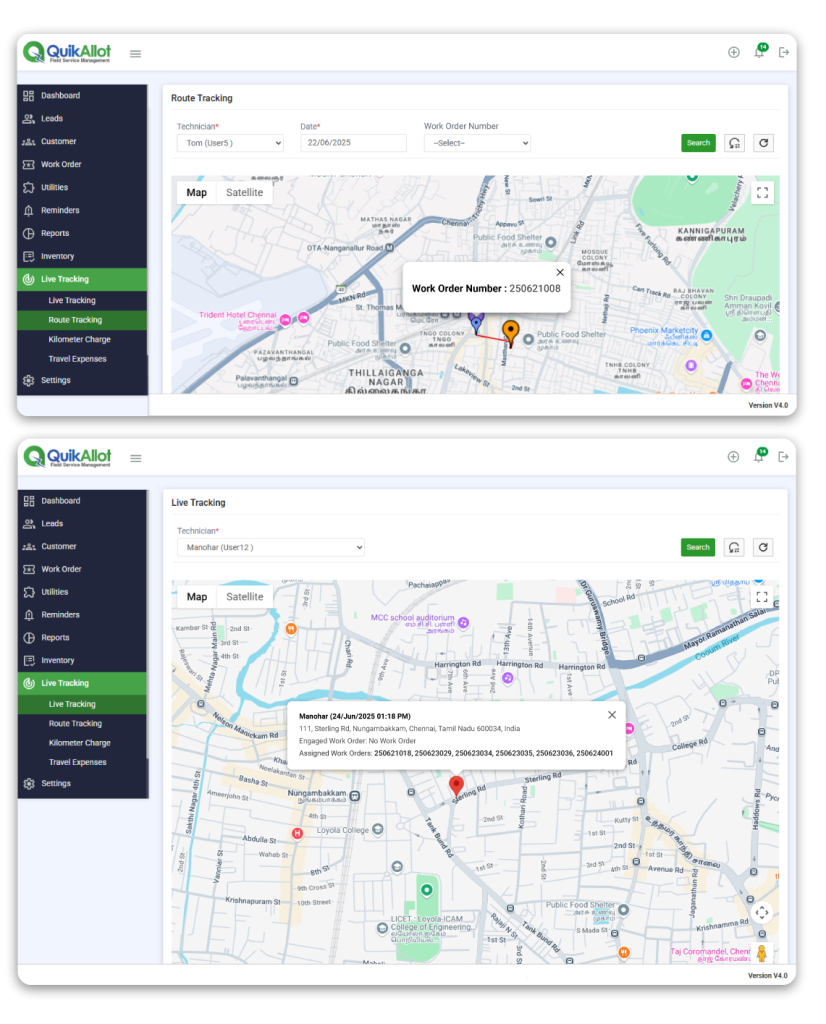 Real-Time Technician Live Location and Route Tracking On Field Service App
