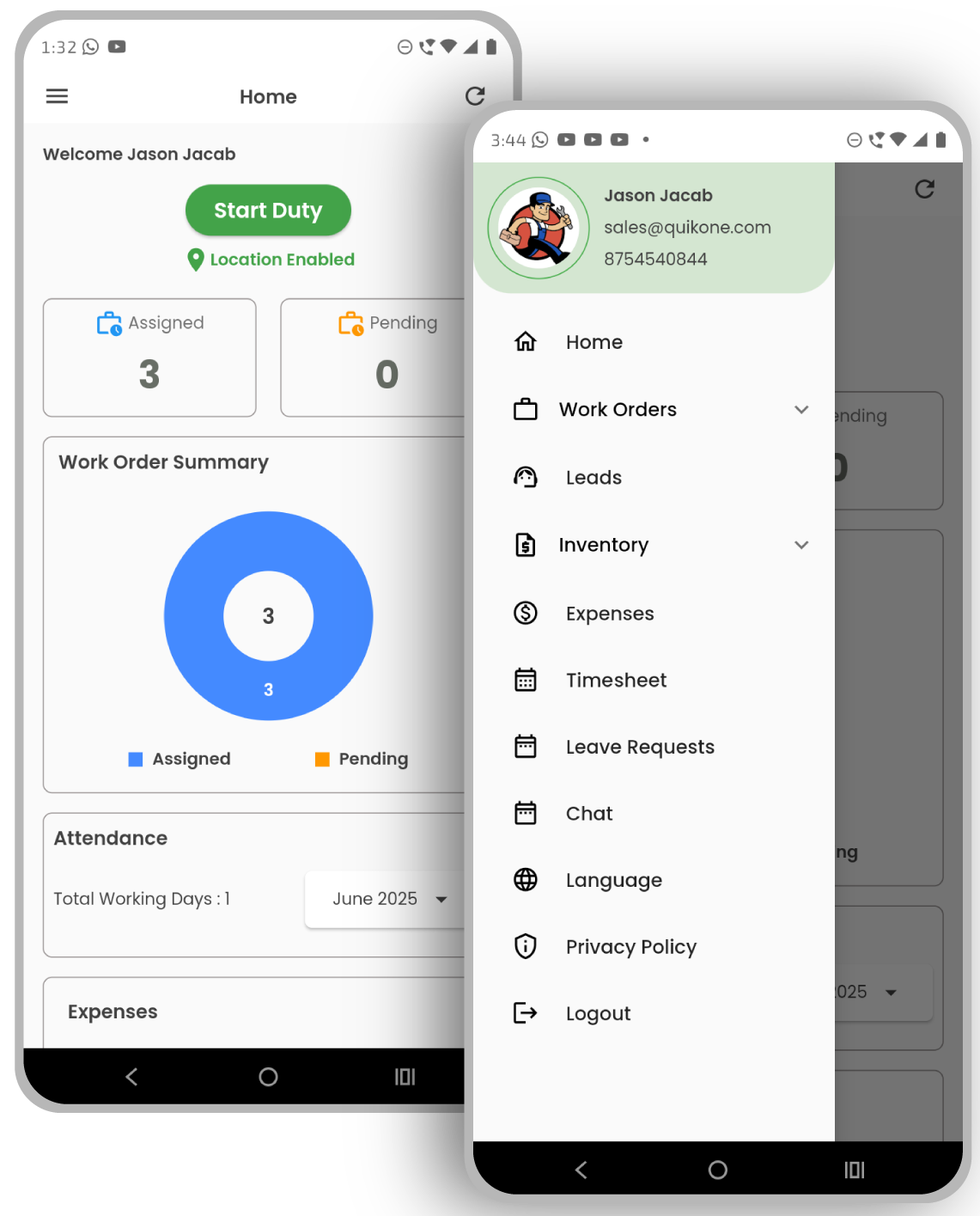 FSM Technician App Dashboard and Navigation Menu