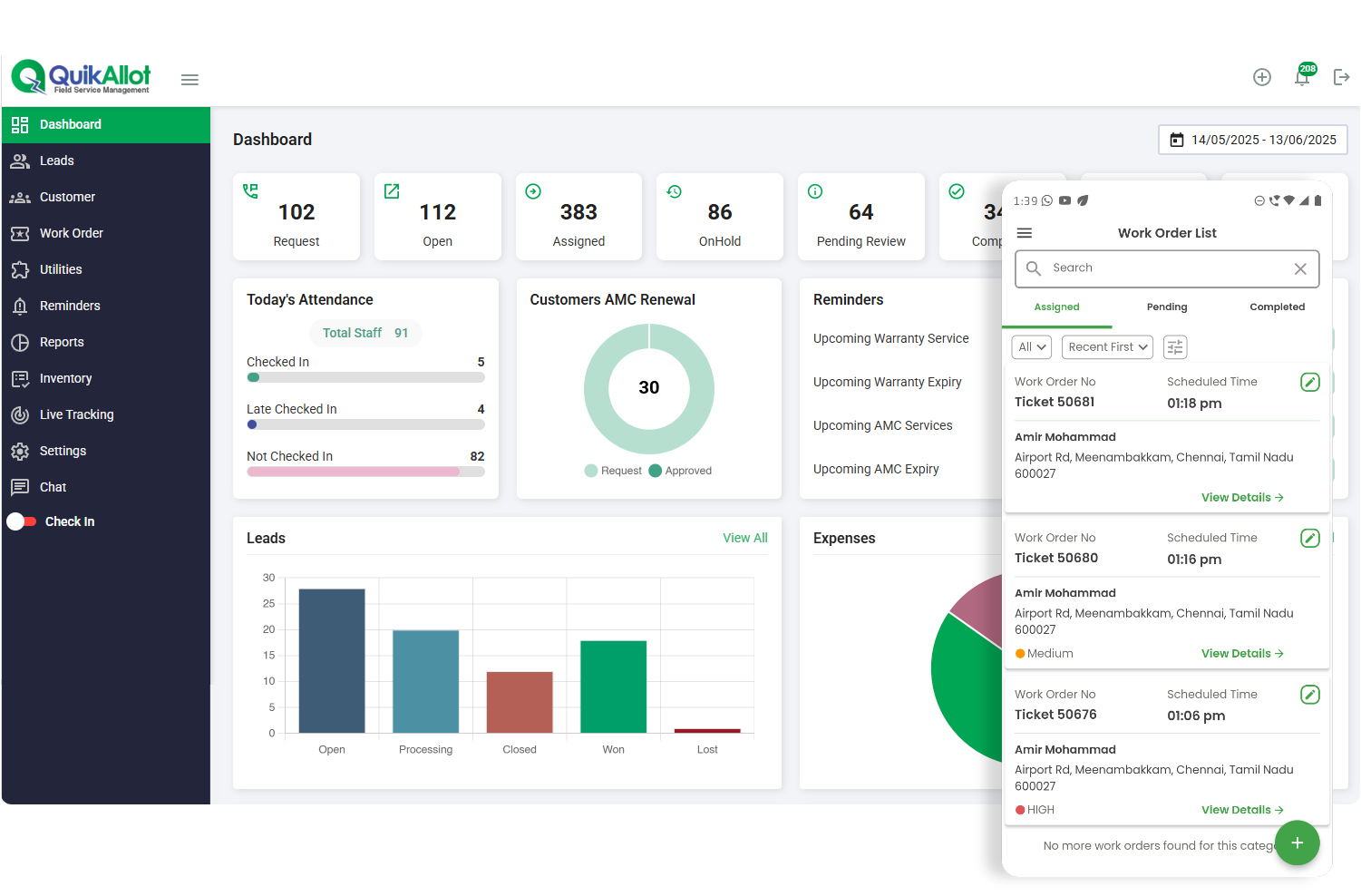 Field Service Management Software Web Portal Dashboard and Mobile App Work Order Screens